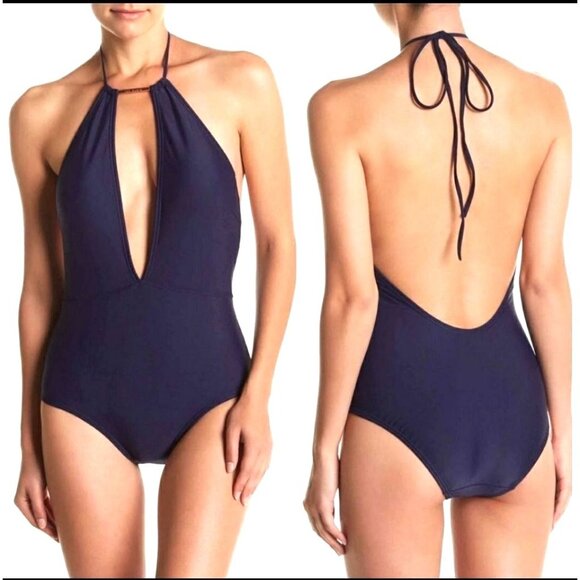 Ted Baker 4 One-piece Swimwear Plunge Cutout Halter Swimsuit Bathing Suit Blue - Picture 11 of 13